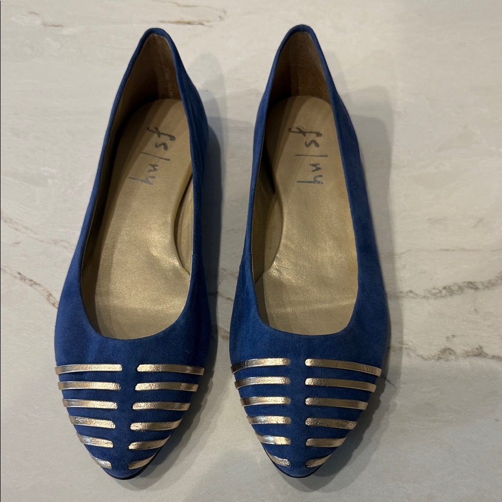 French Sole Navy Suede Pointed Flats with Gold Striped Accent